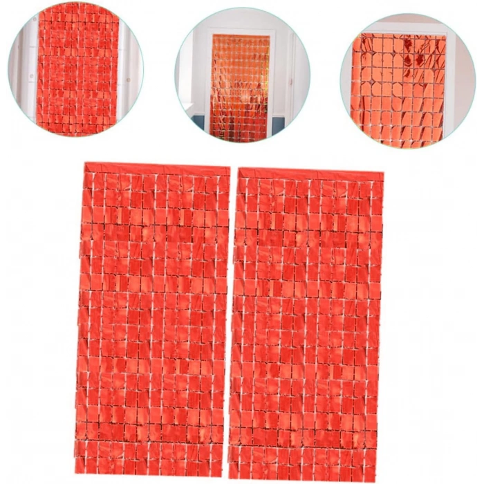 Ekstra Metalize Kırmızı Renk Disko Dikdörtgen Kesim Kapı Perdesi Dekorasyon 1x2 Metre (5365)