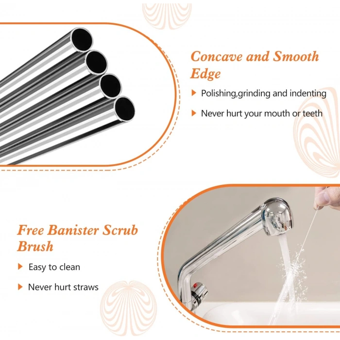 Ekstra Uzun Paslanmaz Çelik Pipet Seti – 3 Parça (Eğri + Düz + Fırça)
