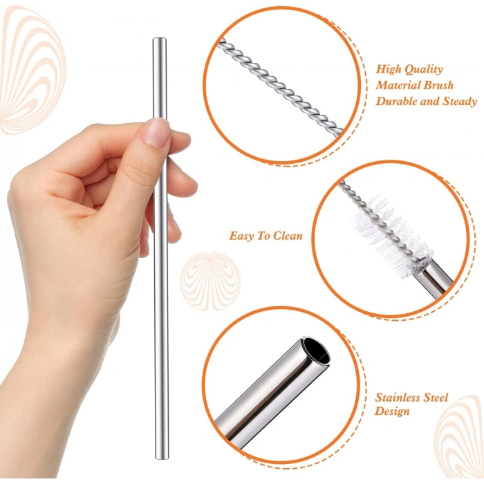 Ekstra Uzun Paslanmaz Çelik Pipet Seti – 3 Parça (Eğri + Düz + Fırça)