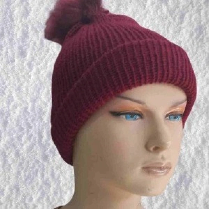El Örgüsü Doğal Yün Ve Akrilik Karışımlı Sıcacık Kış Beresi Bordo Renk