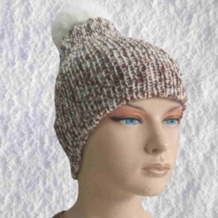 El Örgüsü Doğal Yün Ve Akrilik Karışımlı Sıcacık Kış Beresi Kahve-beyaz