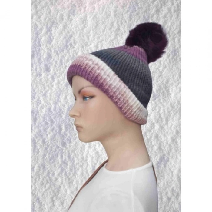 El Örgüsü Doğal Yün Ve Akrilik Karışımlı Sıcacık Kış Beresi Mor Gri Karışık Renk