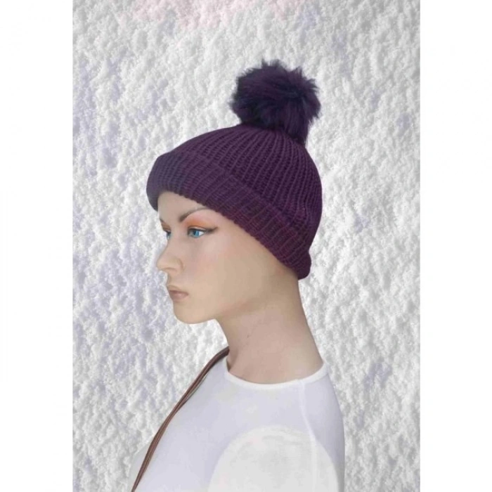 El Örgüsü Doğal Yün Ve Akrilik Karışımlı Sıcacık Kış Beresi Mürdüm Renk