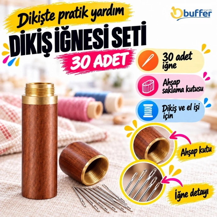 Ergonomik Ahşap Kutulu 30 Parça Dikiş İğnesi Seti
