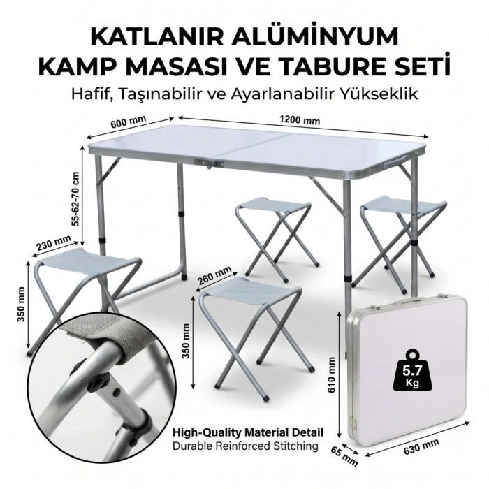 Ergonomik Alüminyum Kamp Masası Ve 4lü Tabure Seti
