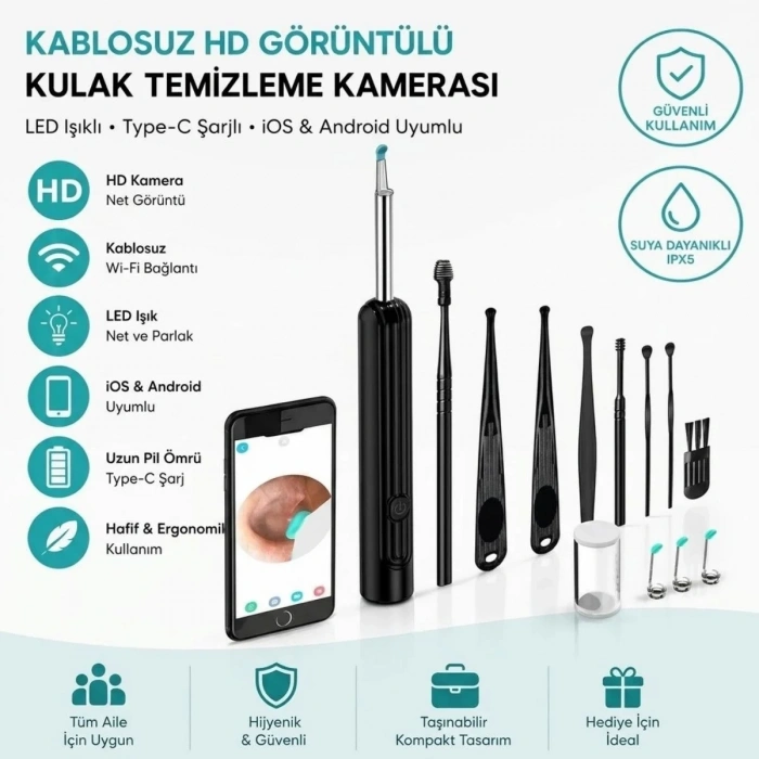 Ergonomik Kablosuz Hd Görüntüleme Kulak Temizleme Seti