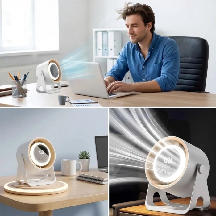 Ergonomik Led Işıklı Duvara Monte Edilebilen Şarjlı Masaüstü Fan