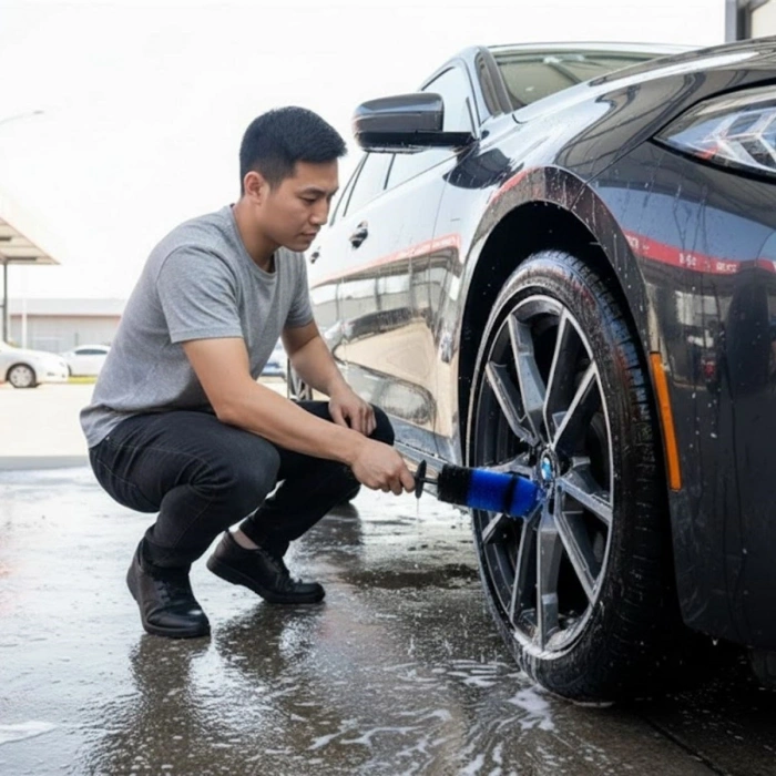 Ergonomic Handle Rim and Tire Cleaning Brush – Powerful Bristle Detail Brush for Car Detailing (5365)