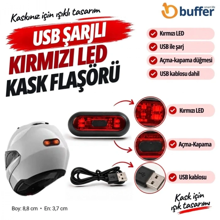 Ergonomik Usb Şarjlı Kask İçin Kırmızı Led Flaşör Işığı