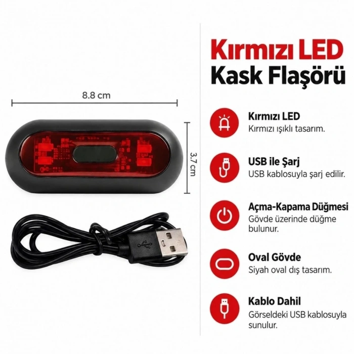 Ergonomik Usb Şarjlı Kask İçin Kırmızı Led Flaşör Işığı