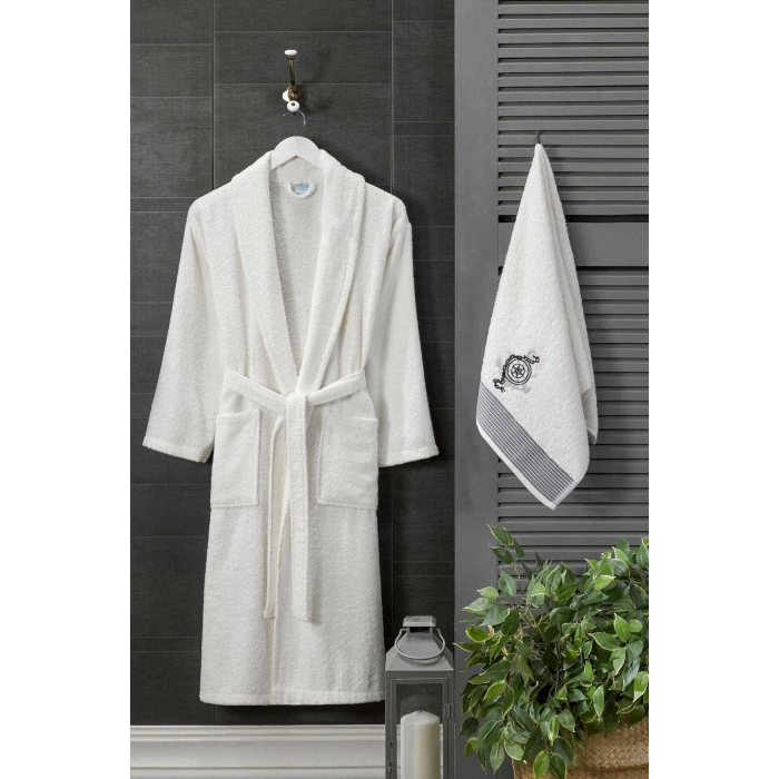 Erkek Havlulu Banyo Bornoz Takımı %100 Pamuklu Beyaz