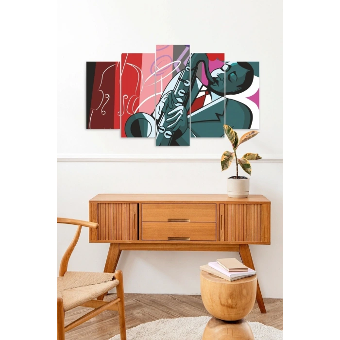 Erkek Saksafon Manzara 5 Parçalı Mdf Tablo 60 x 100