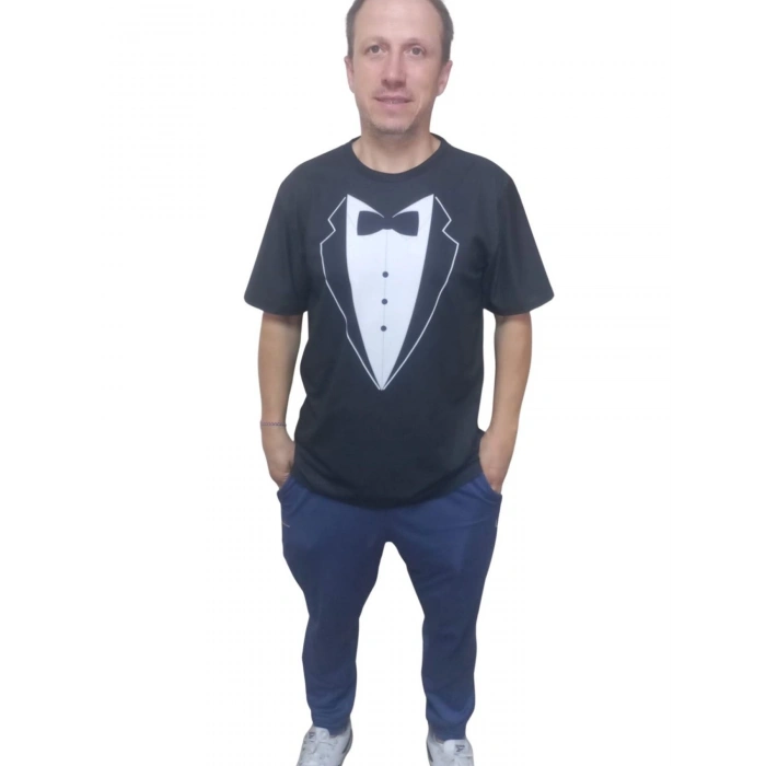 Erkek T-shirt Papyon Baskılı Siyah (kesik Elyaf Kumaş)