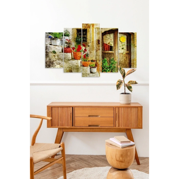 Eski Ev ve Çiçekler 5 Parçalı Mdf Tablo 60 x 100