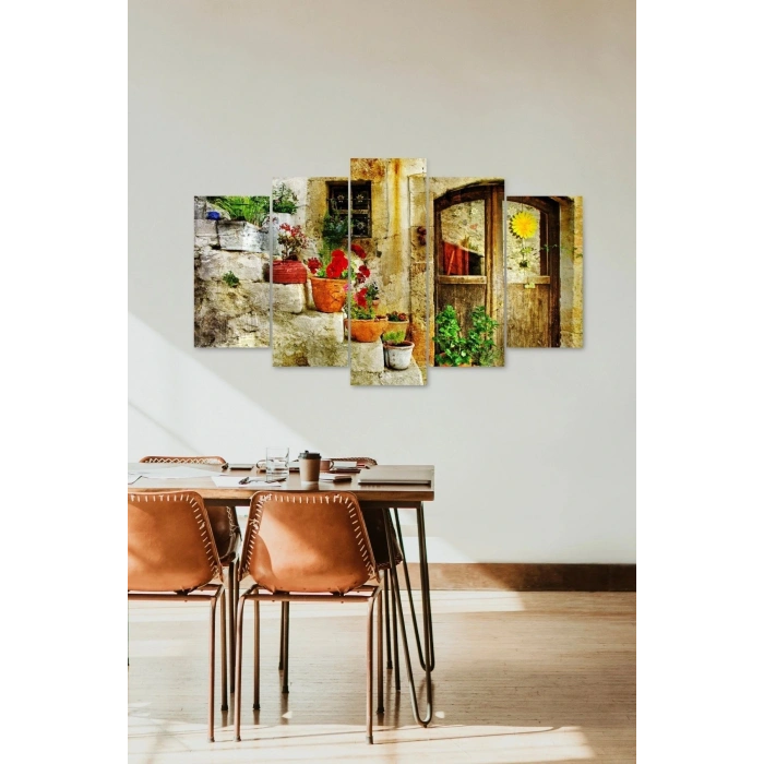 Eski Ev ve Çiçekler 5 Parçalı Mdf Tablo 60 x 100