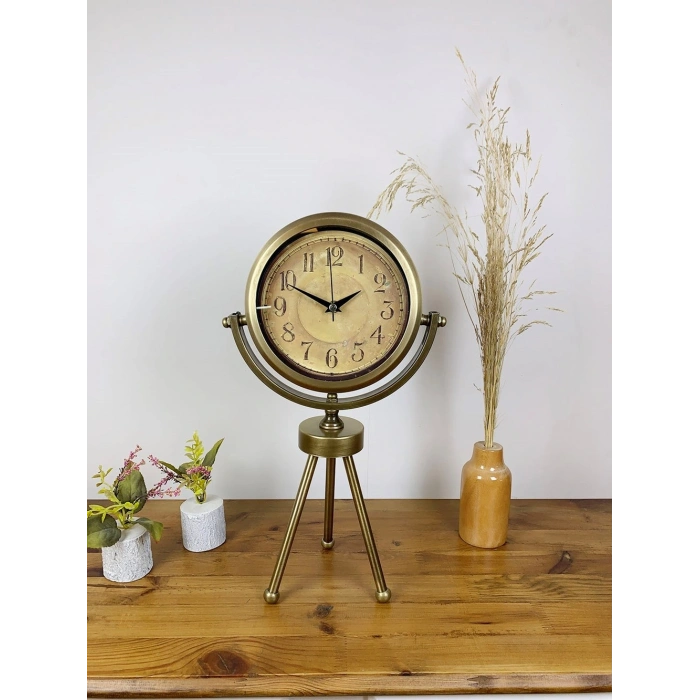 Eskitme Metal Mini Tripod Dekoratif Masa Saati 45×26 cm