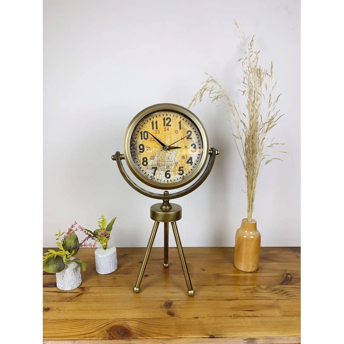 Eskitme Metal Mini Tripod Kaos Masa Saati 45×26 cm