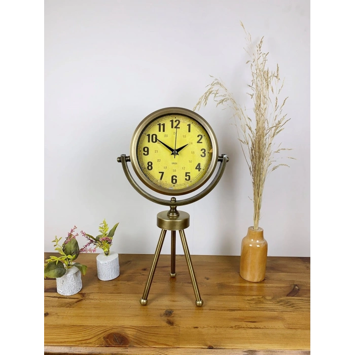 Eskitme Metal Mini Tripod Vira Masa Saati 45×26 cm