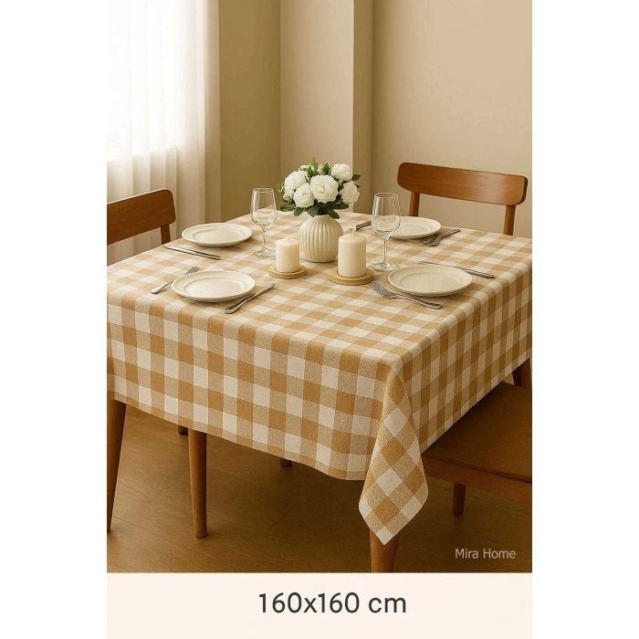 Fiber Kareli Masa Örtüsü Sofra Bezi Ekose Desen 160x160 Cm Bej