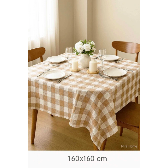 Fiber Kareli Masa Örtüsü Sofra Bezi Ekose Desen 160x160 Cm Bej