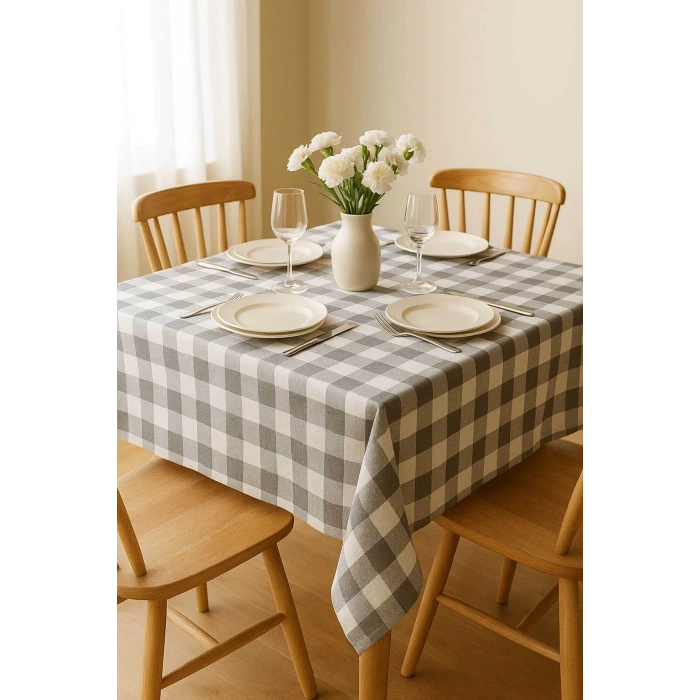Fiber Kareli Masa Örtüsü Sofra Bezi Ekose Desen 160x160 Cm Gri