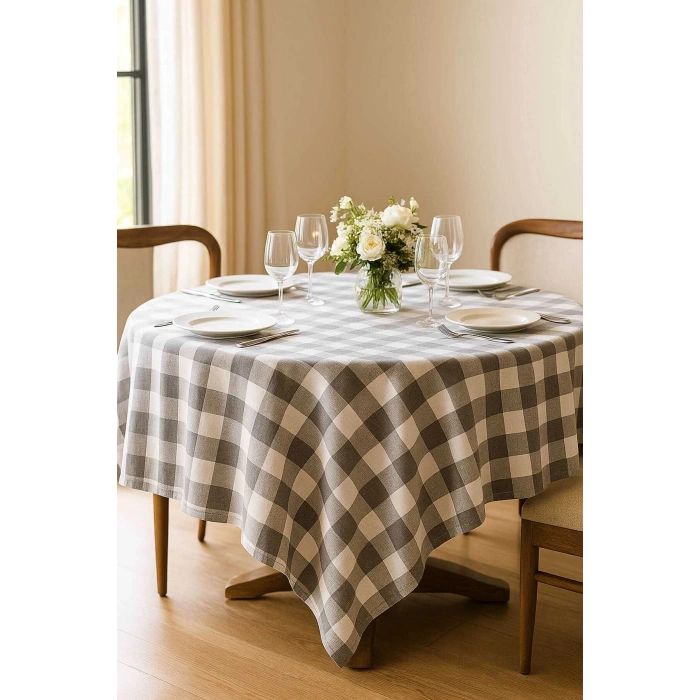 Fiber Kareli Masa Örtüsü Sofra Bezi Ekose Desen 160x160 Cm Gri