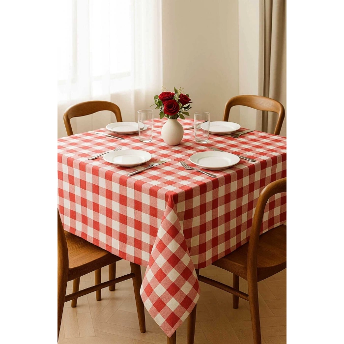 Fiber Kareli Masa Örtüsü Sofra Bezi Ekose Desen 160x160 Cm Kırmızı