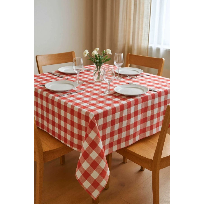 Fiber Kareli Masa Örtüsü Sofra Bezi Ekose Desen 160x160 Cm Kırmızı