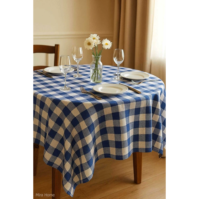 Fiber Kareli Masa Örtüsü Sofra Bezi Ekose Desen 160x160 Cm Mavi