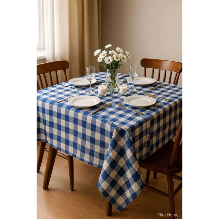 Fiber Kareli Masa Örtüsü Sofra Bezi Ekose Desen 160x160 Cm Mavi