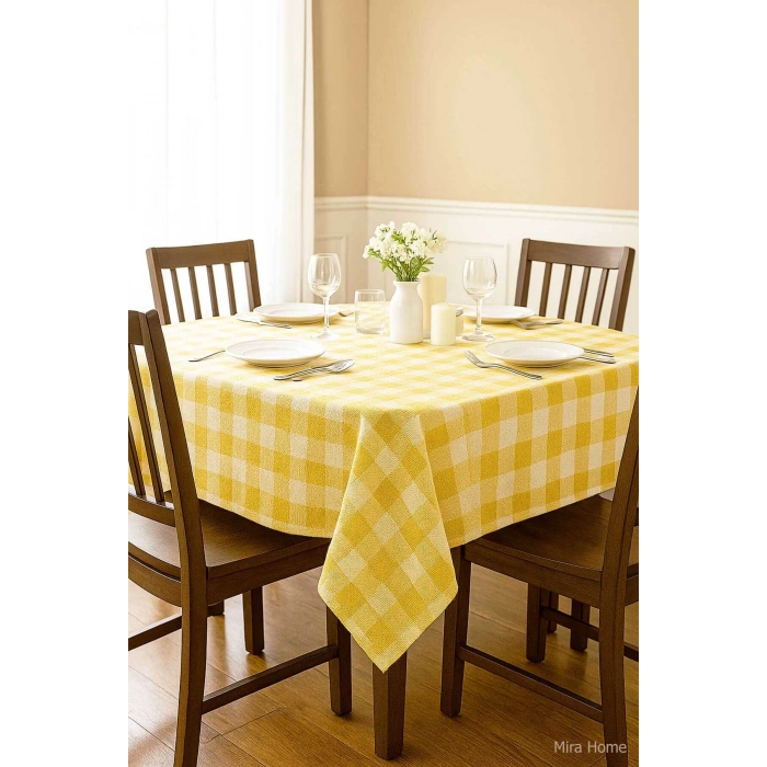 Fiber Kareli Masa Örtüsü Sofra Bezi Ekose Desen 160x160 Cm Sarı
