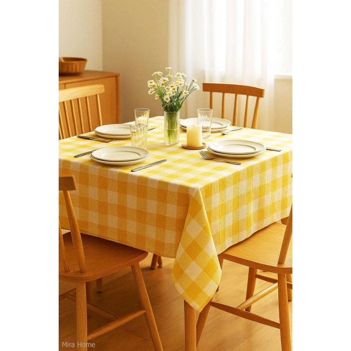 Fiber Kareli Masa Örtüsü Sofra Bezi Ekose Desen 160x160 Cm Sarı