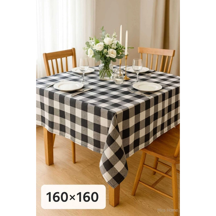 Fiber Kareli Masa Örtüsü Sofra Bezi Ekose Desen 160x160 Cm Siyah