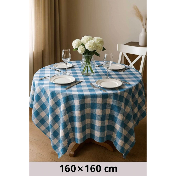 Fiber Kareli Masa Örtüsü Sofra Bezi Ekose Desen 160x160 Cm Turkuaz