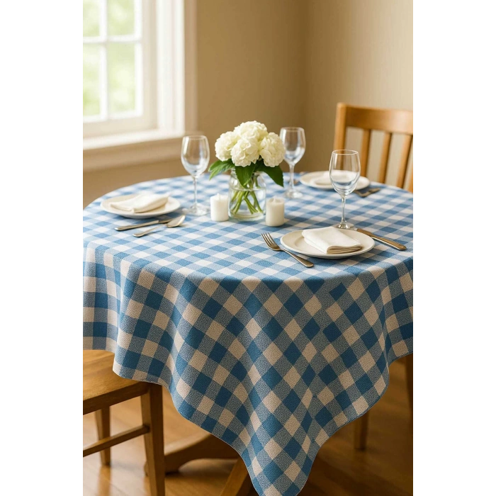 Fiber Kareli Masa Örtüsü Sofra Bezi Ekose Desen 160x160 Cm Turkuaz
