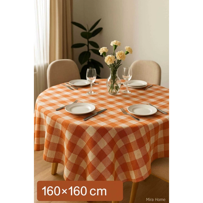 Fiber Kareli Masa Örtüsü Sofra Bezi Ekose Desen 160x160 Cm Turuncu