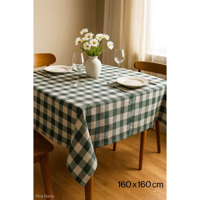 Fiber Kareli Masa Örtüsü Sofra Bezi Ekose Desen 160x160 Cm Yeşil