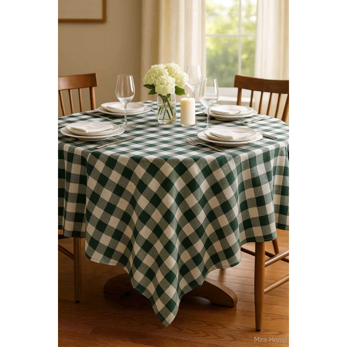 Fiber Kareli Masa Örtüsü Sofra Bezi Ekose Desen 160x160 Cm Yeşil