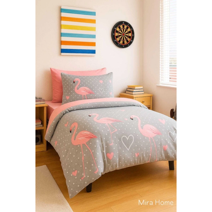 Flamingo Desenli  Pamuklu Tek Kişilik Nevresim Takımı