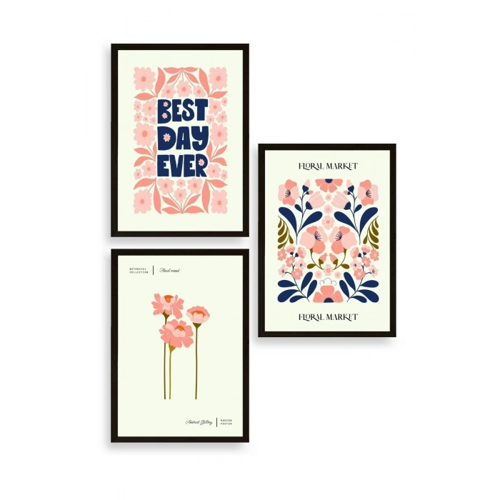 Flower Market Üçlü Ahşap Çerçeveli Tablo 23 x 30