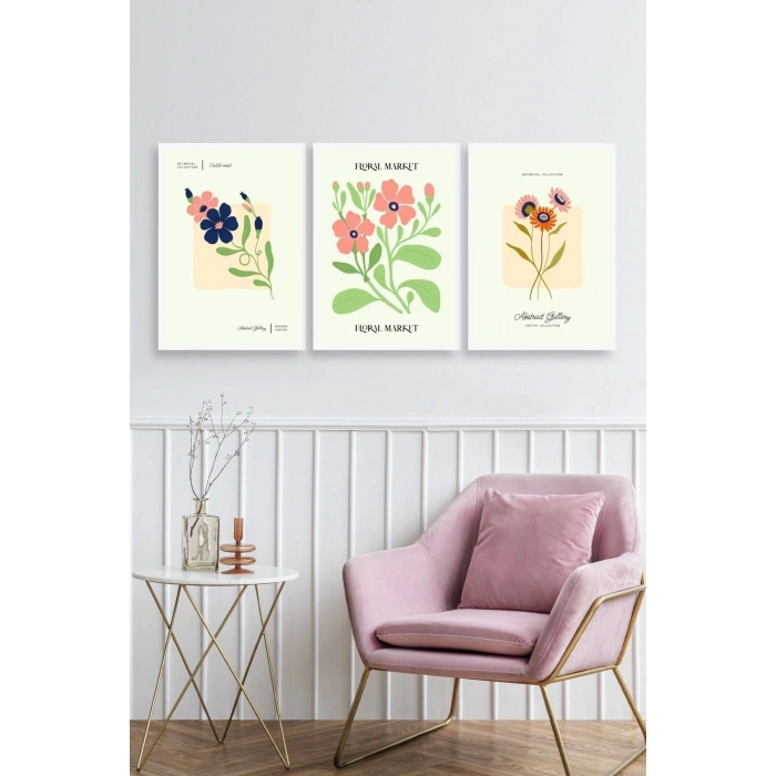 Flower Market Üçlü Ahşap Çerçeveli Tablo 23 x 30