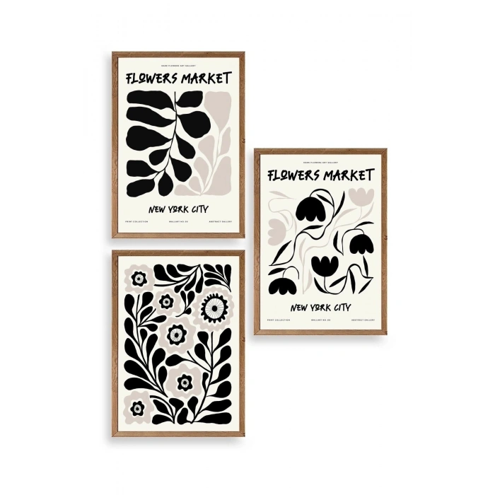 Flower Market Üçlü Ahşap Çerçeveli Tablo 23 x 30