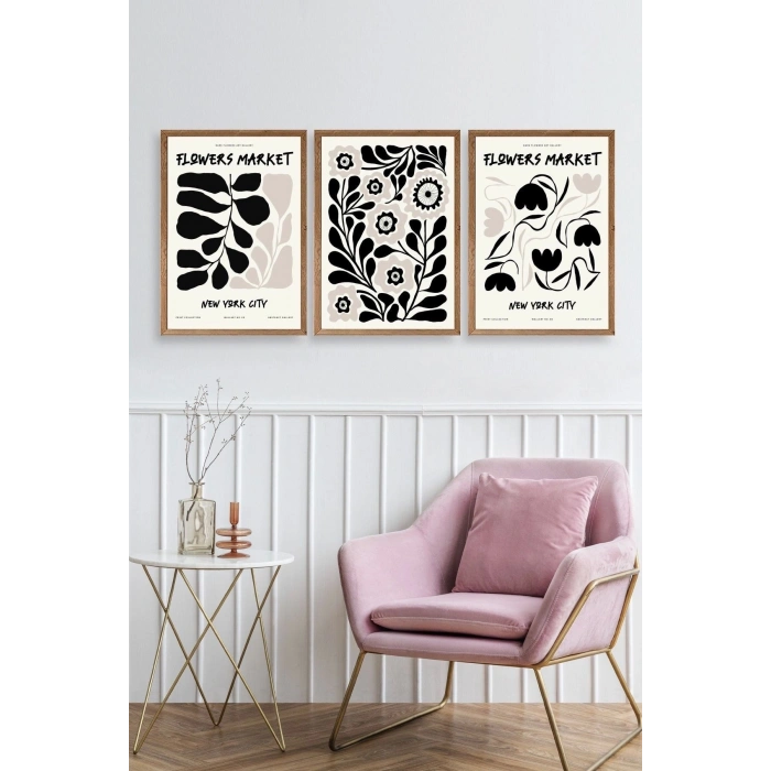 Flower Market Üçlü Ahşap Çerçeveli Tablo 23 x 30