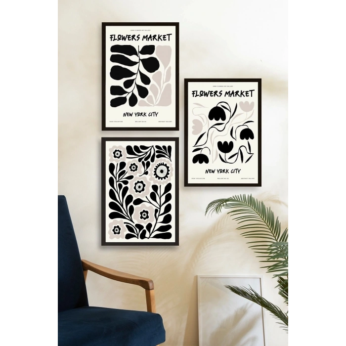 Flower Market Üçlü Ahşap Çerçeveli Tablo 23 x 30