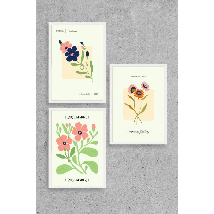 Flower Market Üçlü Ahşap Çerçeveli Tablo 23 x 30