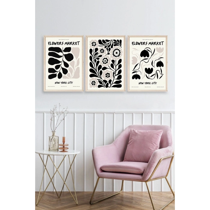 Flower Market Üçlü Ahşap Çerçeveli Tablo 23 x 30