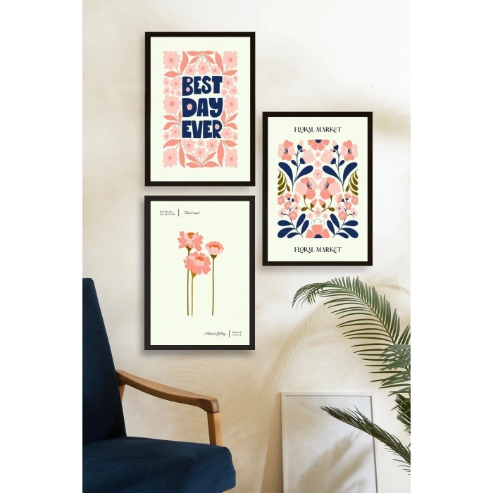Flower Market Üçlü Ahşap Çerçeveli Tablo 23 x 30