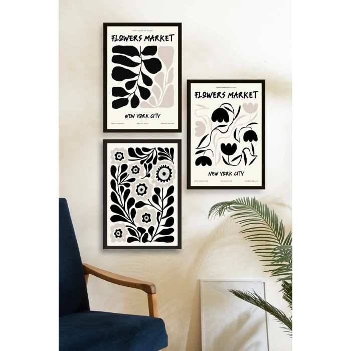 Flower Market Üçlü Ahşap Çerçeveli Tablo 23 x 30