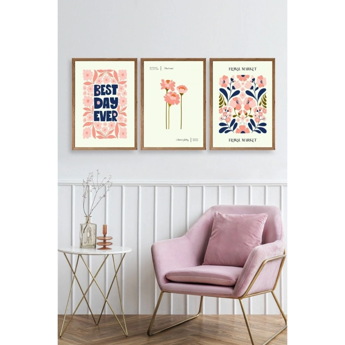 Flower Market Üçlü Ahşap Çerçeveli Tablo 23 x 30