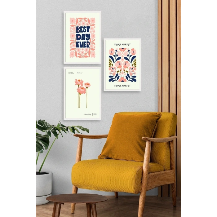 Flower Market Üçlü Ahşap Çerçeveli Tablo 23 x 30